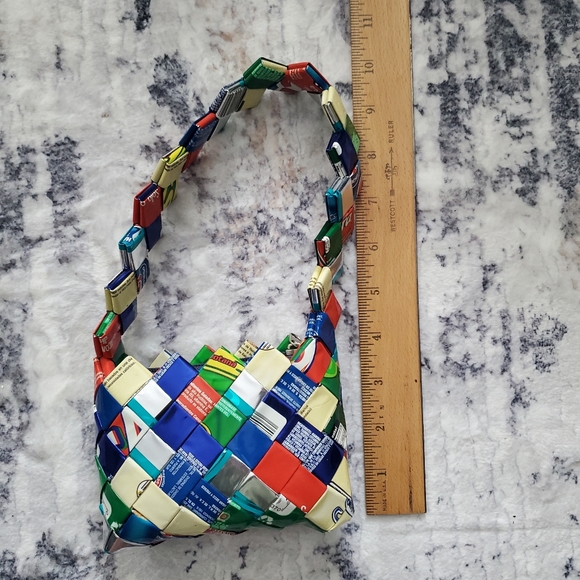 Recycled Wrapper Mini Purse Handbag 5" x 4", bright, multicolor, unique - Picture 7 of 8
